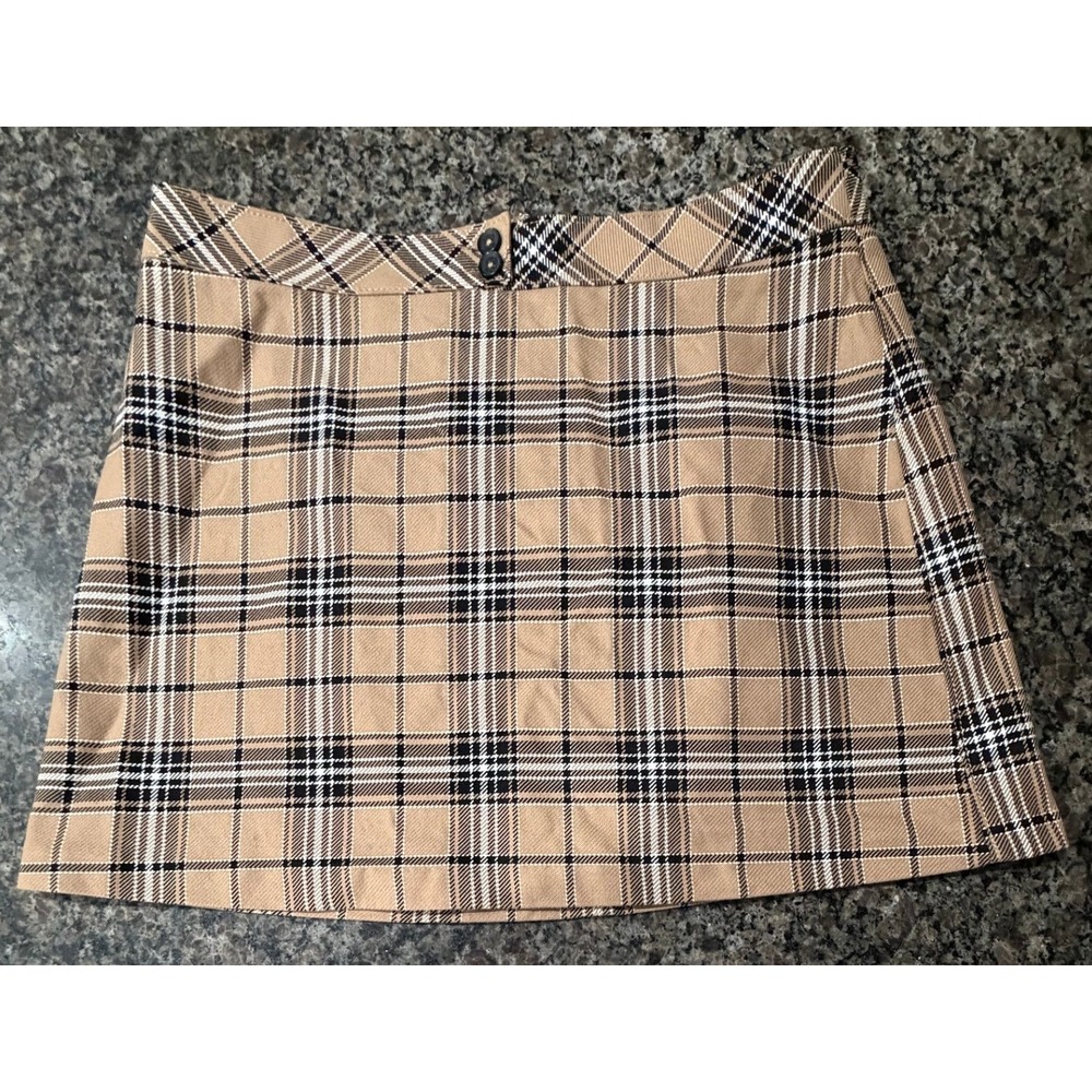Express Womens Plaid Mini Skirt Tan Black White A-Line Check‎ 08219112 Sz 12 NWT